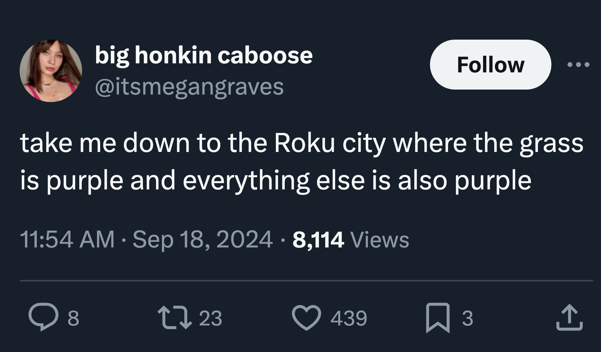 screenshot - big honkin caboose take me down to the Roku city where the grass is purple and everything else is also purple . 8,114 Views 80 2723 439 3